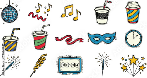 New Years Eve Celebration Icons Hand Drawn Illustration Featuring Countdown Clock Music and Party Favors Celebrating the Festive Holiday Season