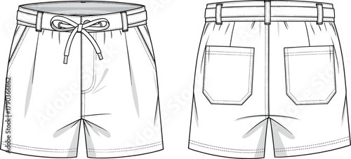 Front and back shorts technical sketch, fashion flat, drawstring waist, patch pockets, belt loops, garment design template, apparel illustration, vector