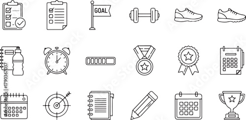 Vector Illustration of Goal Setting and Achievement Icons for Business Fitness and Time Management Representing Success and Personal Development in Black and White Line Art Style