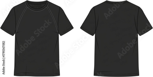 Men’s basic t-shirt technical flat sketch, front and back view, casual fashion clothing design template, cad drawing flat vector illustration