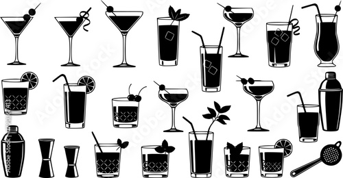 Cocktail drink glass vector set, black and white bar icons, mixology silhouette collection, garnished beverages, stylish alcohol illustration, party design elements 