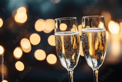 Close-up of two glasses of champagne against a backdrop of festive fireworks