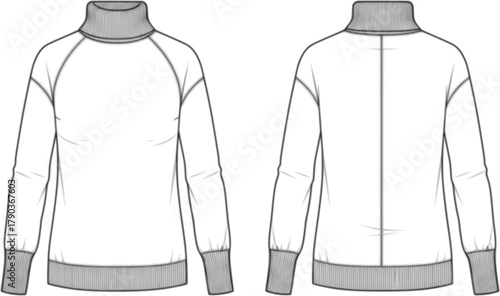 Women's long sleeve turtleneck sweater flat sketch front and back view, winter knitwear fashion design, CAD drawing vector illustration