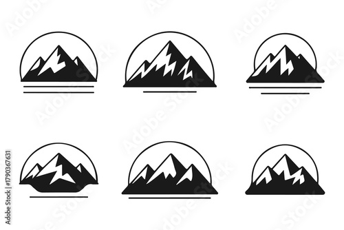 Mountain badge icon set, Black and white mountain emblem collection