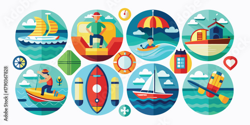 Collection of water sport and adventure in circle shape, perfect for sticker, sign, logo, and any other design