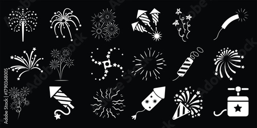 Collection of White Firework Icons on Black Background