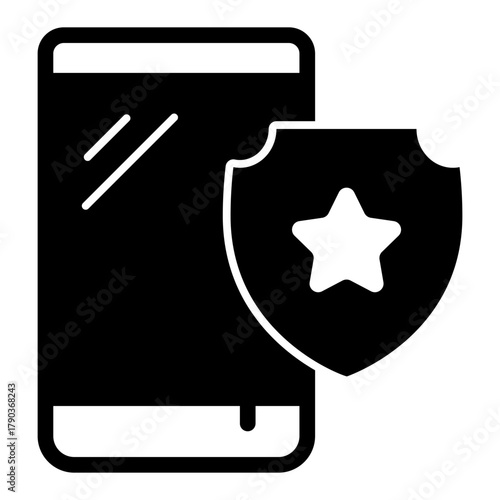 Smartphone of the year mark solid icon, cyber monday concept. Vector graphics. Gadget and star on emblem, best choice sign on white background, style icon mobile or web design.