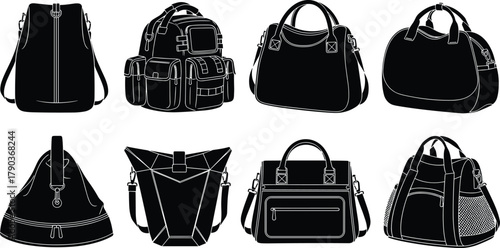 Set of eight different handbag and backpack silhouette vector illustration, fashion accessory collection, modern stylish bags, leather purse design icons