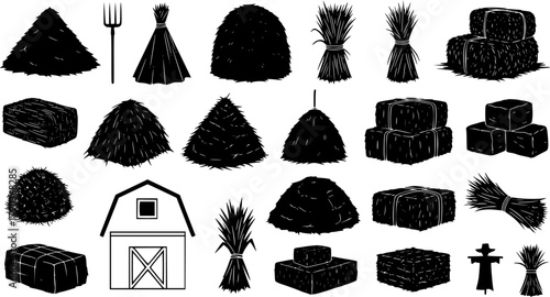 Haystack silhouette collection, straw bundle vector set, rural farm storage illustration, black agricultural shapes, traditional harvest icon, countryside graphic elements