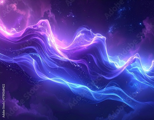Abstract cosmic wave ribbons with glowing particles over starry night sky
