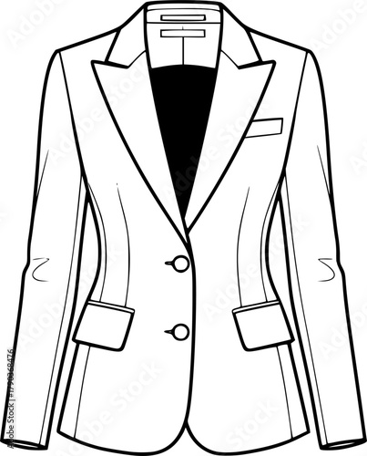 Women fitted blazer jacket flat sketch with notched lapel collar, front buttons, flap pockets, long sleeves, formal fashion vector illustration