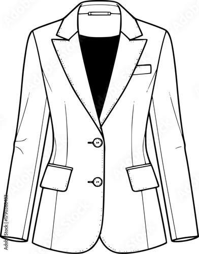 Women fitted blazer jacket flat sketch with notched lapel collar, front buttons, flap pockets, long sleeves, formal fashion vector illustration
