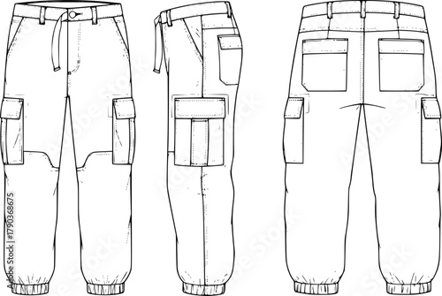 Cargo pants technical sketch, flat fashion vector, CAD illustration for apparel design, front side back view, clothing template mockup