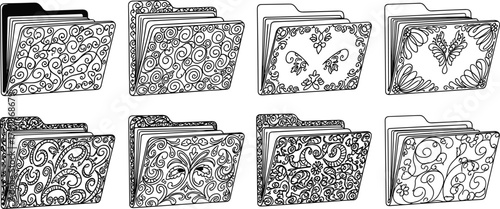 Set of decorative floral pattern folder icons, elegant vector file storage symbols with vintage swirl design for digital organization art