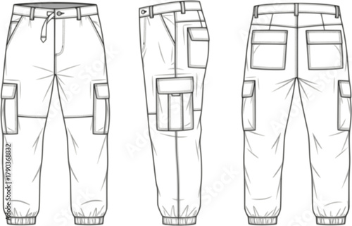 Cargo pants technical sketch, flat fashion vector, CAD illustration for apparel design, front side back view, clothing template mockup