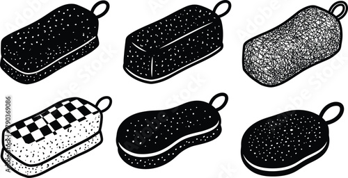 Set of cleaning sponges, dishwashing pads, kitchen scrubbers, hygiene tools for household chores, vector illustration isolated on white background, graphic design elements