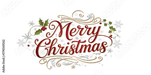 An elegant, swirling "Merry Christmas" typography design in a classic script font. The main text should be a deep, rich red color with a subtle metallic sheen, highlighted with flourishes 