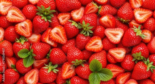 Red strawberries abound as a fresh strawberry background. Red strawberries in abundance showcases a vibrant backdrop, and several sliced strawberries for texture and visual appeal.