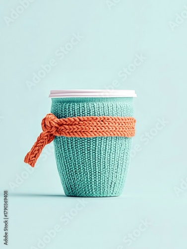 A teal knitted cup cozy with an orange braided tie and a white lid sits against a solid light blue background.