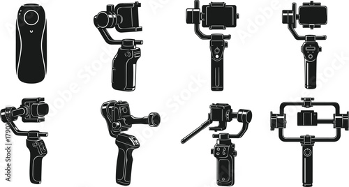 Set of camera gimbal stabilizer and handheld device silhouette vector illustration for photography, videography, professional filming, motion control equipment design