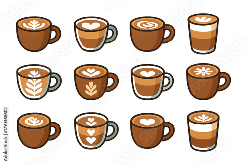 Collection of twelve stylish coffee cups with latte art designs.