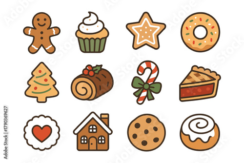 Festive holiday treats: gingerbread, cupcake, star cookie, donut, pie, candy cane, yule log.