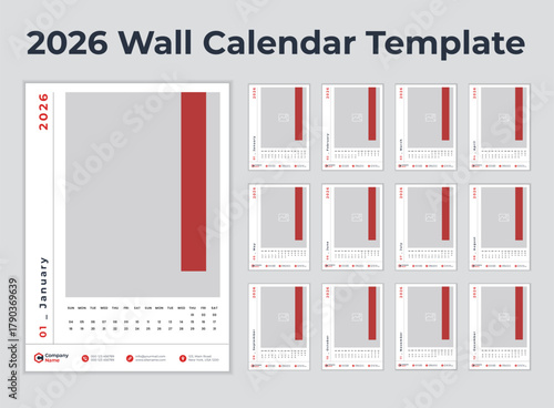 2026 Calendar Planner Set of Template 12 Monthly Page for Company or Personal use. Vector layout of a wall or desk organizer with week start Monday for print.