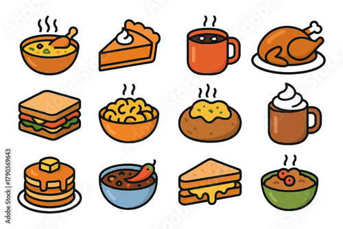 Colorful icons of comfort foods including soup, pie, coffee, and sandwiches.