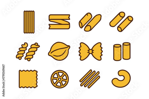 Assorted pasta icons: fusilli, bowtie, penne, macaroni, linguine, ravioli, lasagna, rotini.
