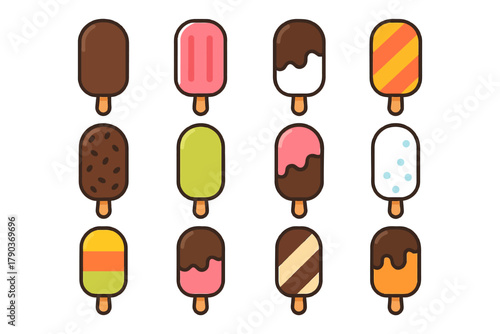 Colorful variety of ice cream popsicles - twelve delicious flavors displayed in a grid.