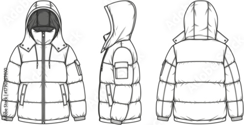 Winter puffer jacket technical flat sketch, front side back view, fashion cad drawing, hooded coat vector, apparel design illustration