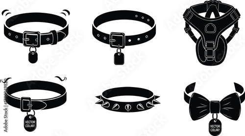 Set of black pet collars and harness vector icons, leather dog collars collection, spiked, bow, buckle design illustration, isolated