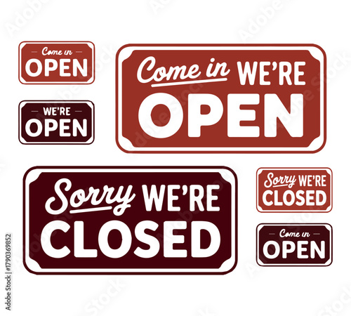 Collection of vintage open and closed business signs for shops