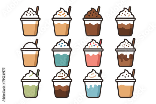 Assorted coffee and dessert cups with whipped cream and toppings.