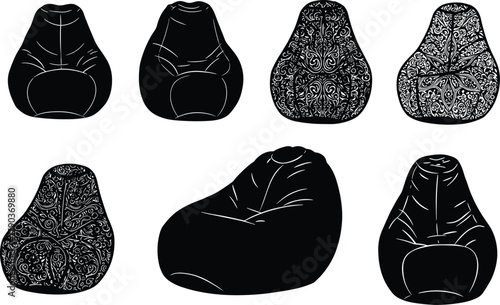 Set of black bean bag chair silhouettes with decorative patterns, modern furniture design collection, home comfort seating vector illustration