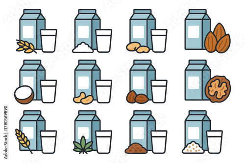 Variety of plant-based milk alternatives with nuts and grains illustrations.