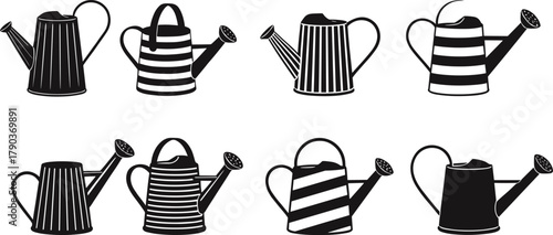 Set of black and white watering can silhouettes, vintage gardening tools, striped design illustration, retro garden accessory vector art