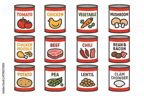 Variety of soup cans with illustrated labels featuring ingredients and flavors.