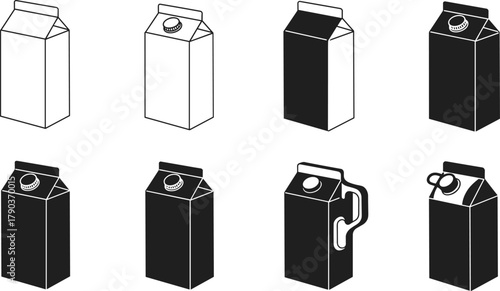 Set of black and white milk carton icons, vector illustration of beverage packaging, dairy product containers, drink box symbols designSet of black and white milk carton icons