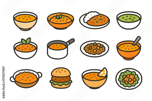 Cartoon style assorted dishes collection with soups, rice, and burgers.