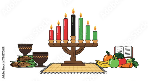 Kwanzaa candle holder with fruits, vegetables, and traditional items  