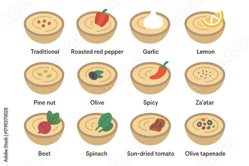 Assorted hummus dips with unique flavors and ingredients.
