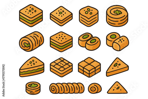 Assorted geometric middle eastern pastry icons with nuts and layers.