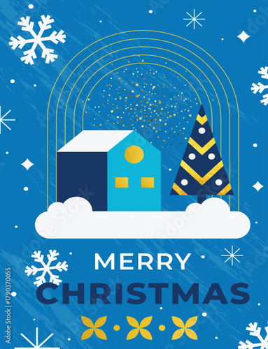 Festive Geometric Christmas Card Design with a Cozy House and Decorated Tree