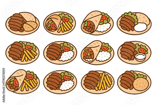 Illustrated assorted dishes featuring meat, rice, fries, and vegetables in a pattern.