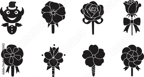 Set of black and white flower icons, vector floral design collection with petals, roses, ribbons, and decorative blossom illustration elements