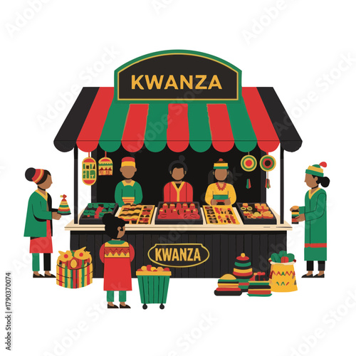 Kwanzaa market stall with diverse vendors and colorful decorations  