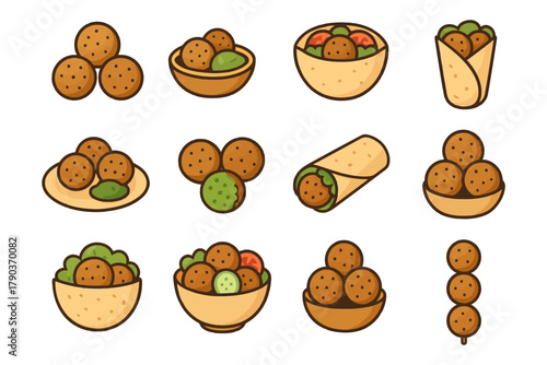 Various falafel dishes illustrated: bowls, wraps, and skewers with vegetables.