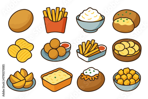 Assorted potato dishes: fries, chips, mashed, baked, cubes in cartoon style.