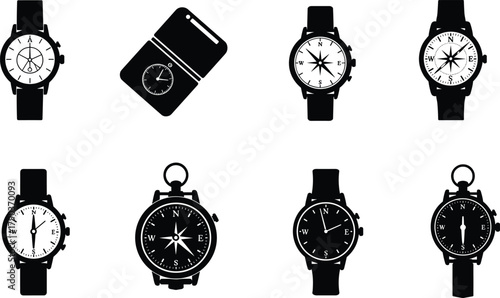 Set of black and white compass and wristwatch icons, navigation direction symbols, travel design elements, adventure guide tools, vector illustration